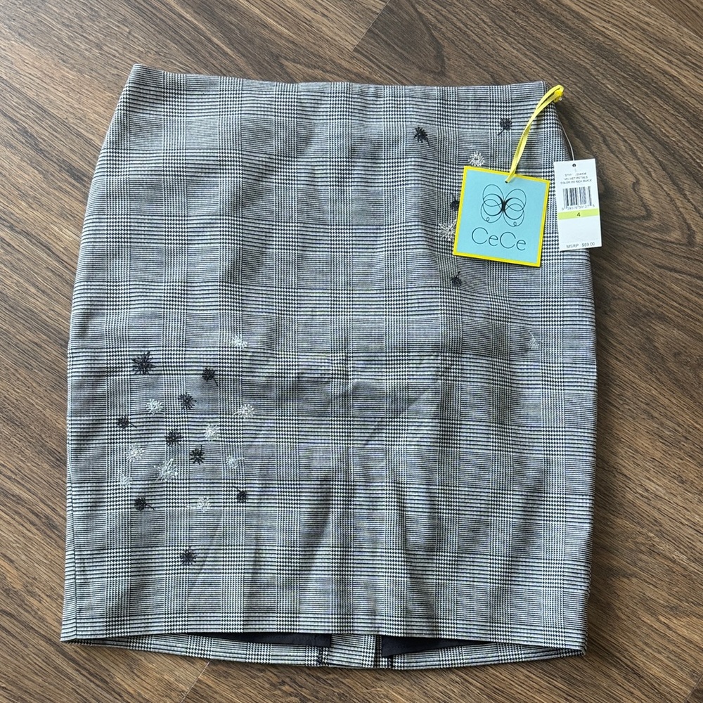 CeCe Gray Plaid Pencil Skirt with Subtle Embroidered Accents